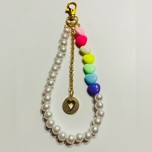 Rainbow Heart & Pearl Bag Charm with Gold Heart Pendant